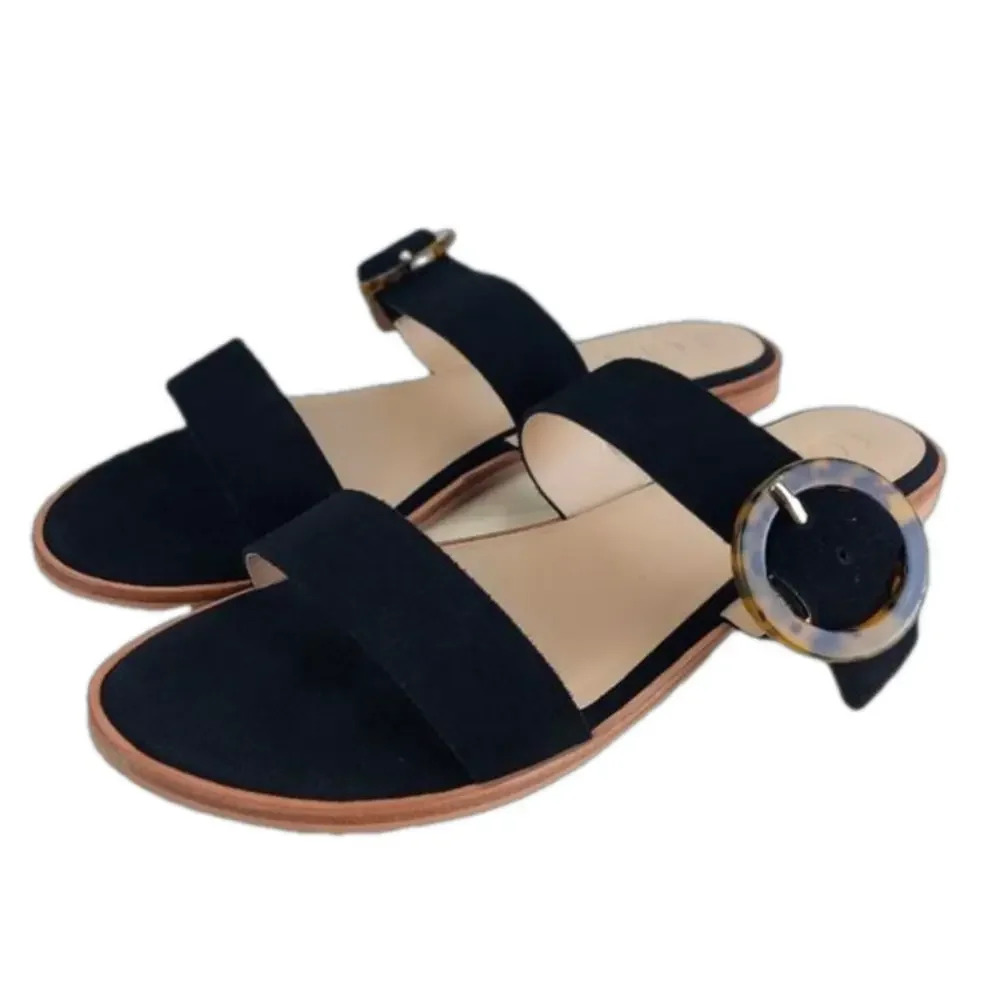 Loft Slide Sandal Size 7M Black Suede Leather Double Leopard Print Buckle Casual